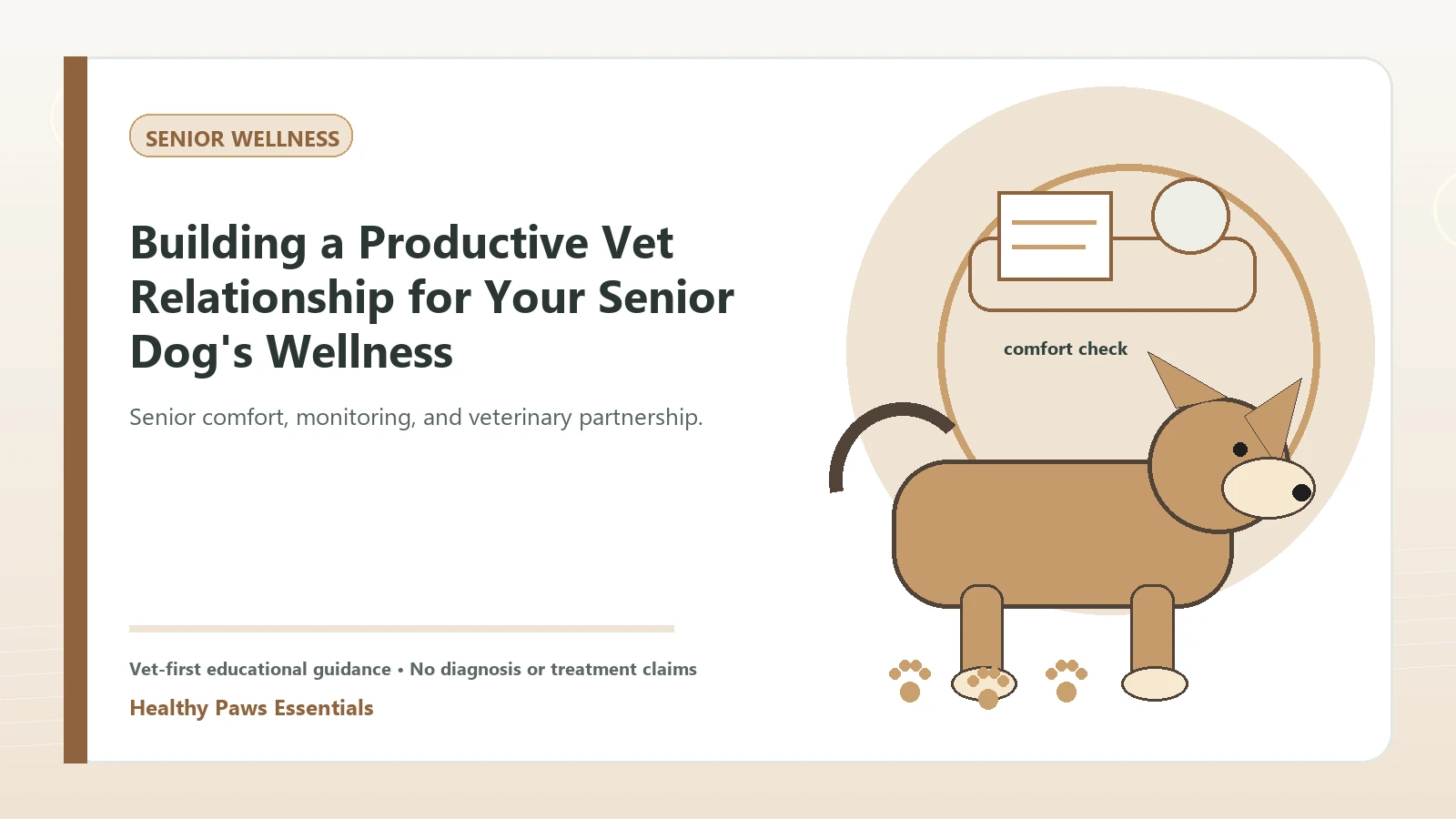Custom Healthy Paws Essentials illustration for Building a Productive Vet Relationship for Your Senior Dog's Wellness, showing a dog and a vet-first care planning concept.