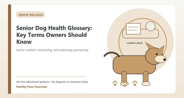 Custom Healthy Paws Essentials illustration for Senior Dog Health Glossary: Key Terms Owners Should Know, showing a dog and a vet-first care planning concept.