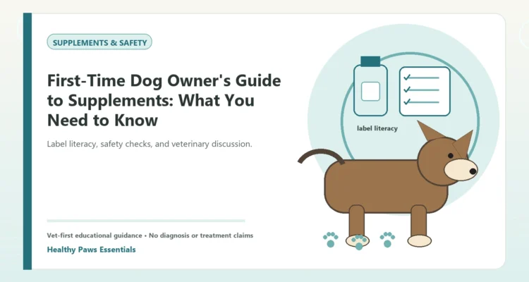 Custom Healthy Paws Essentials illustration for First-Time Dog Owner's Guide to Supplements: What You Need to Know, showing a dog and a vet-first care planning concept.