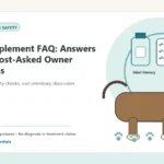Custom Healthy Paws Essentials illustration for Dog Supplement FAQ: Answers to the Most-Asked Owner Questions, showing a dog and a vet-first care planning concept.
