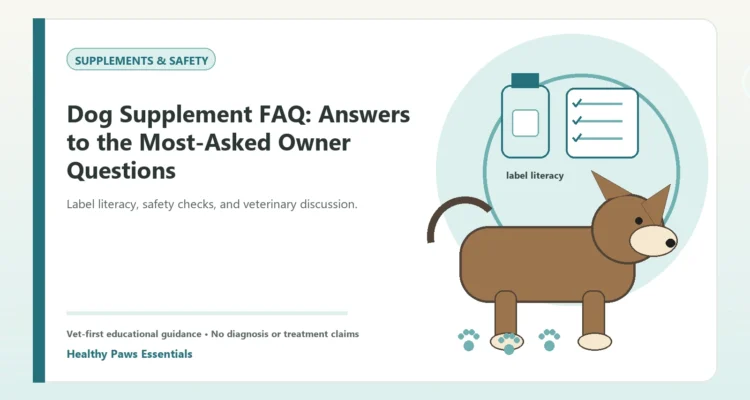 Custom Healthy Paws Essentials illustration for Dog Supplement FAQ: Answers to the Most-Asked Owner Questions, showing a dog and a vet-first care planning concept.