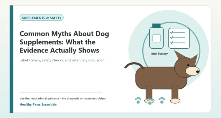 Custom Healthy Paws Essentials illustration for Common Myths About Dog Supplements: What the Evidence Actually Shows, showing a dog and a vet-first care planning concept.