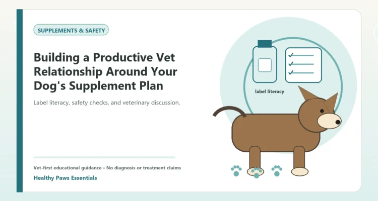 Custom Healthy Paws Essentials illustration for Building a Productive Vet Relationship Around Your Dog's Supplement Plan, showing a dog and a vet-first care planning concept.
