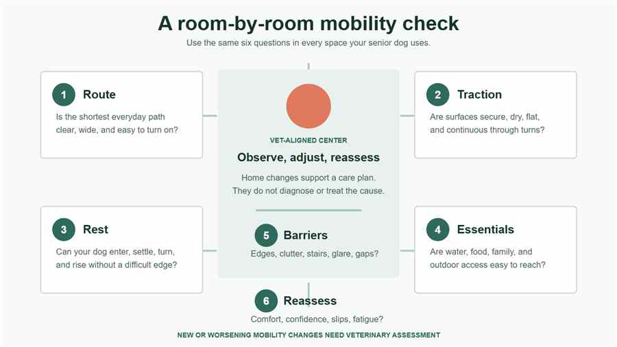 Room-by-room senior dog mobility check showing route, traction, rest, essentials, barriers, and reassessment