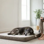 Senior dog resting on a low bed while an owner records mobility observations nearby