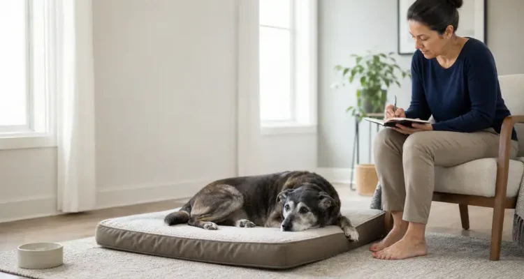 Senior dog resting on a low bed while an owner records mobility observations nearby