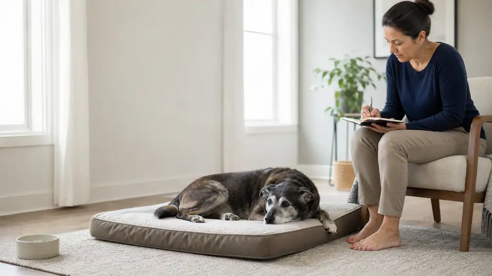 Senior dog resting on a low bed while an owner records mobility observations nearby