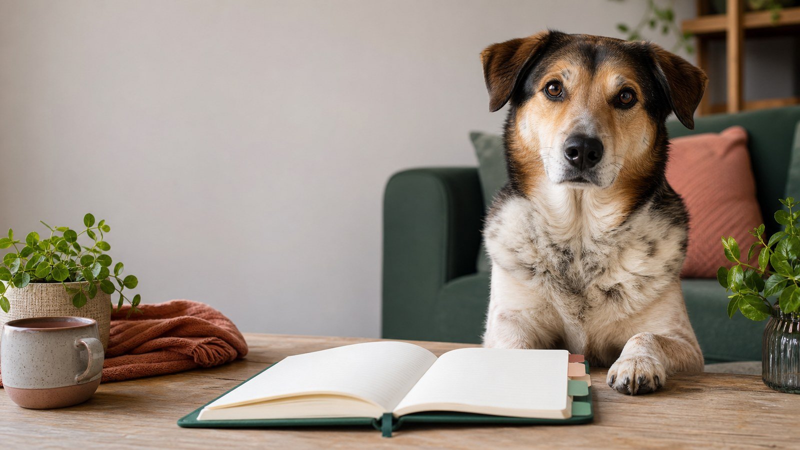 Dog beside an open wellness journal in a calm home