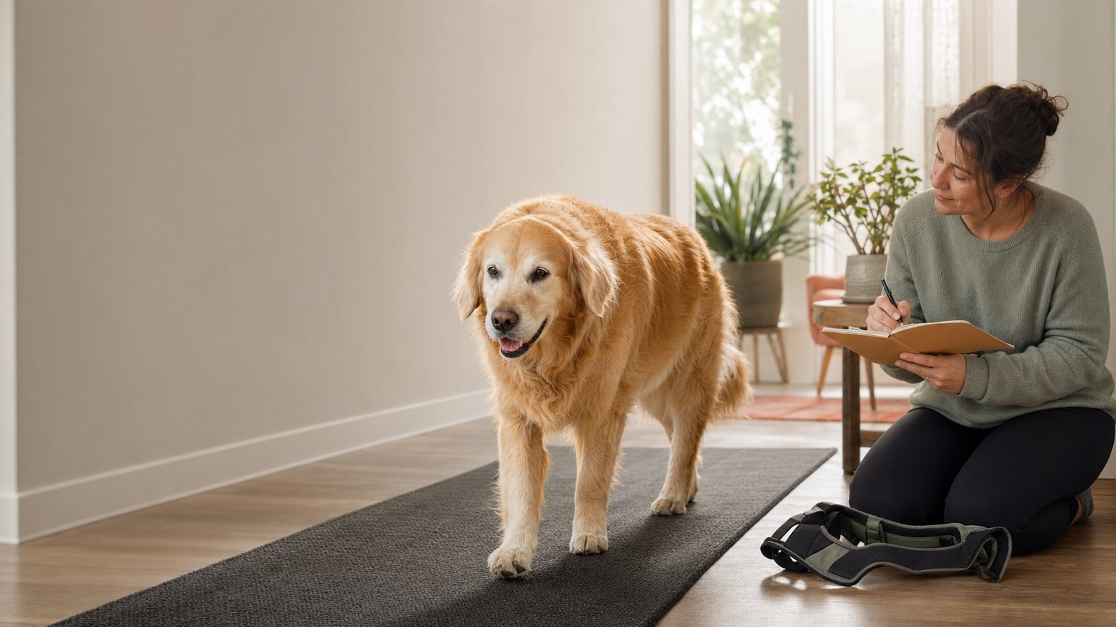 Senior dog walking on a non-slip runner while its owner records mobility observations