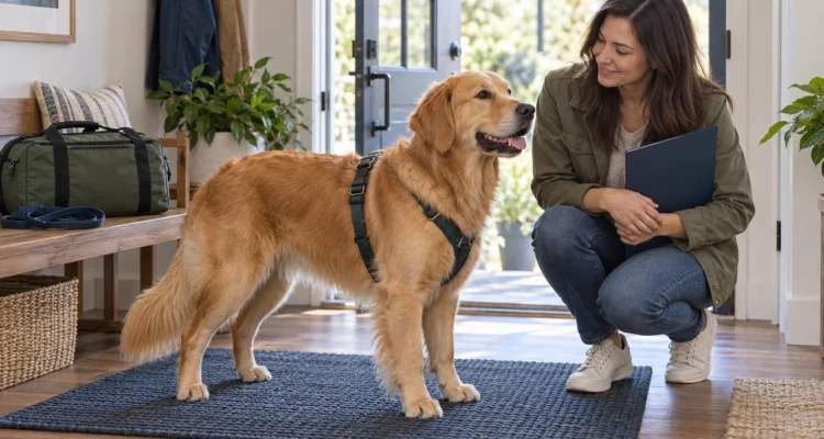 Golden retriever in a harness beside an owner holding a folder at a home entryway.