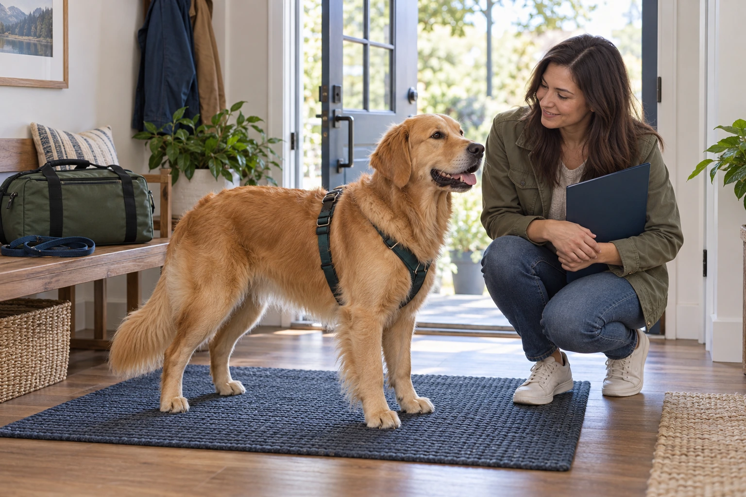 Golden retriever in a harness beside an owner holding a folder at a home entryway.