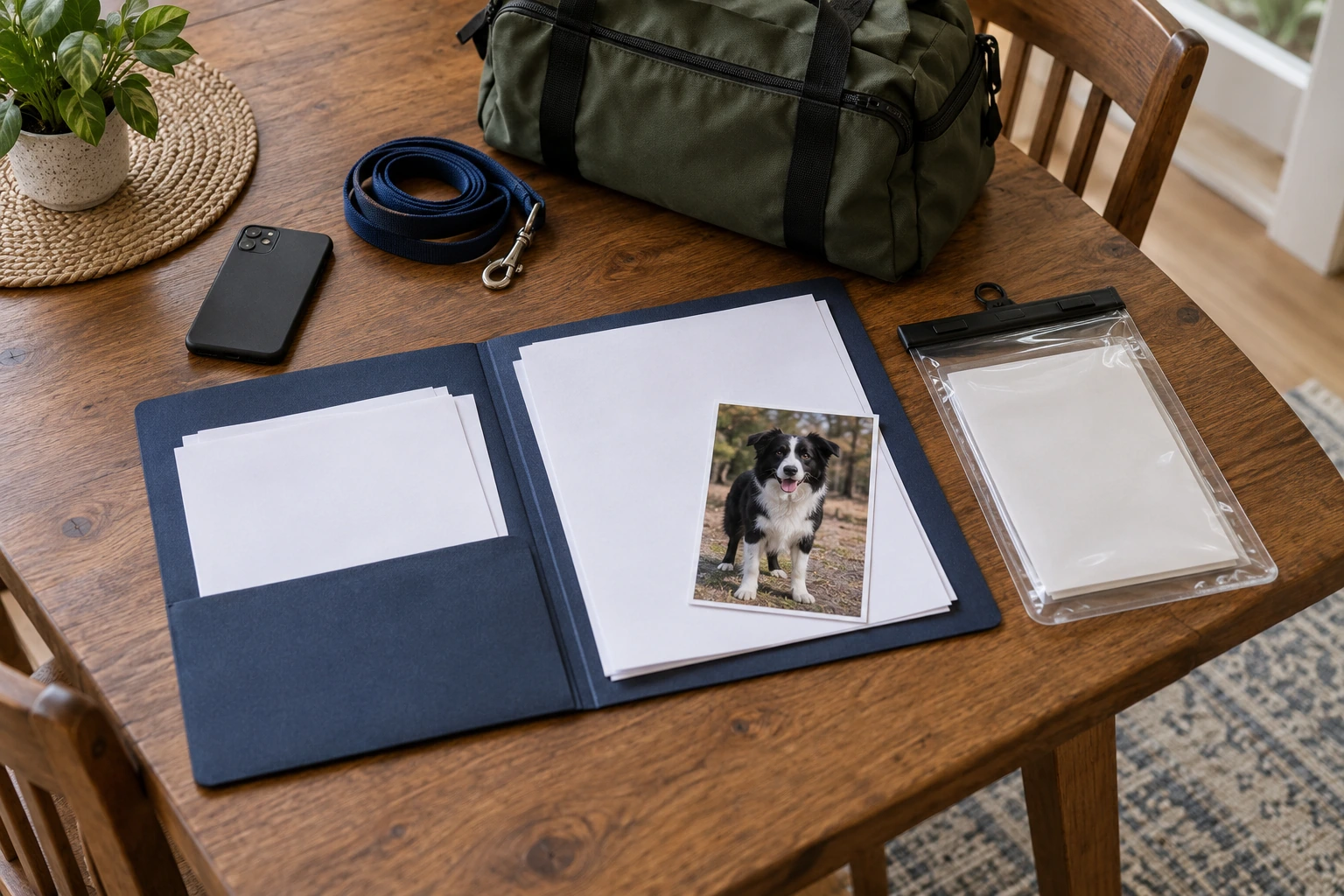Open folder with blank sheets and a dog photo beside a leash, phone, bag, and waterproof pouch.